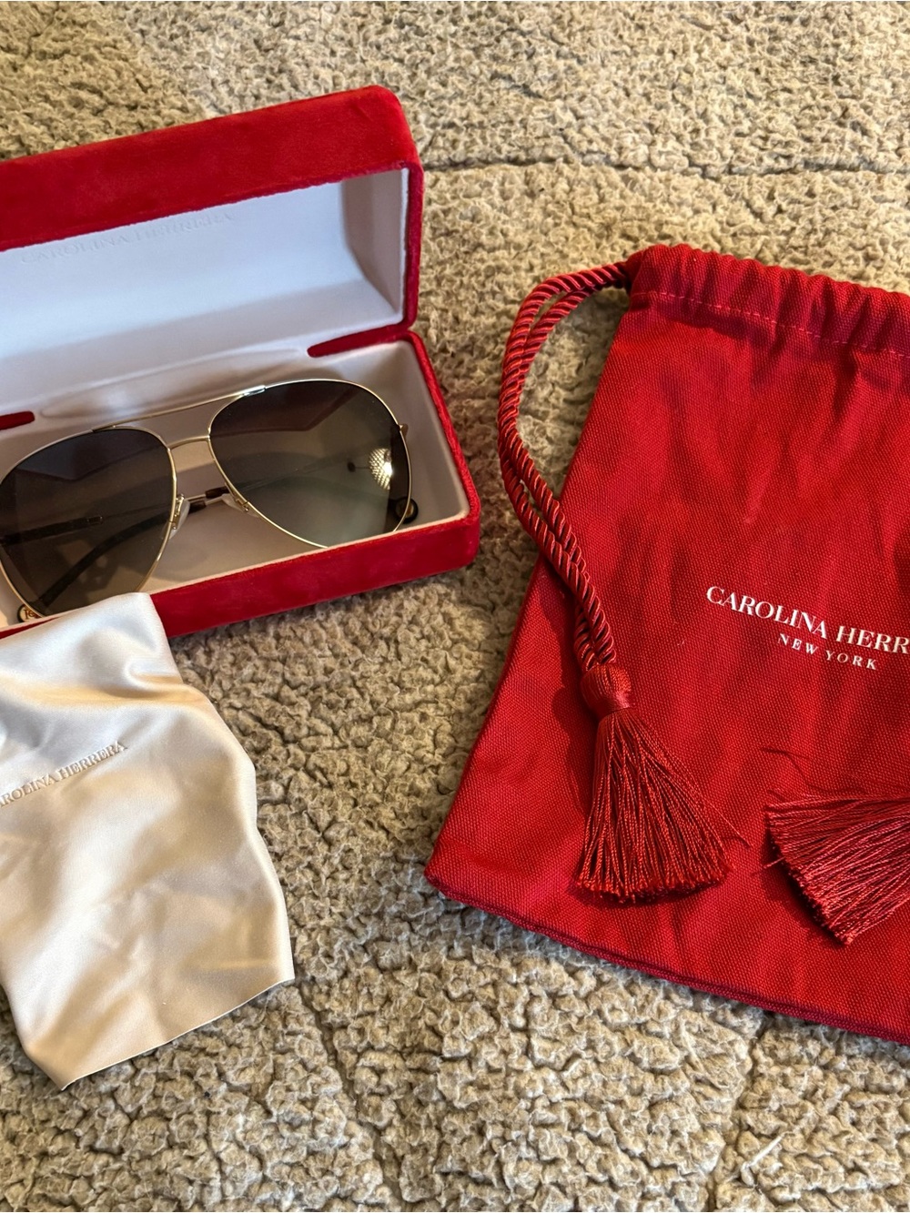 Carolina Herrera Gold Aviator Sunglasses with Case and Drawstring Pouch